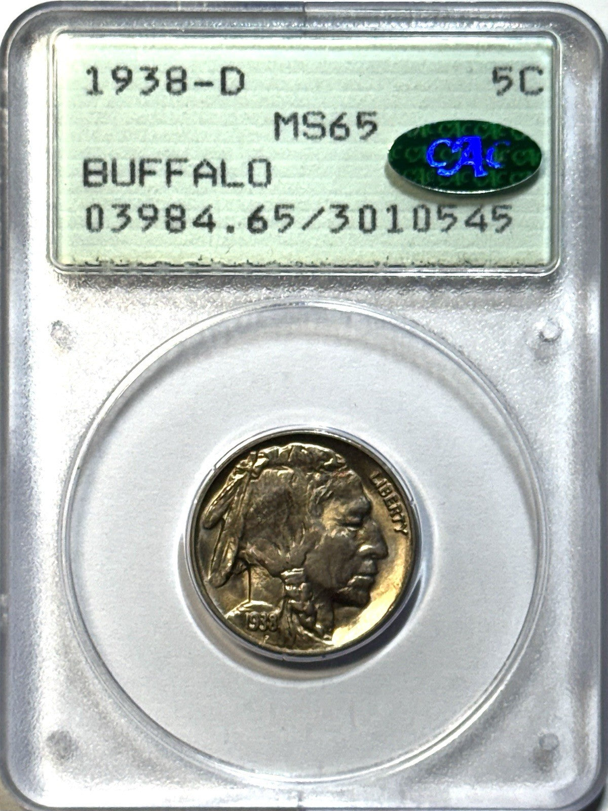 1938-D Buffalo Nickel P- CGS MS65 CAC - Rattler OGH Vintage Holder Gem BU 5C