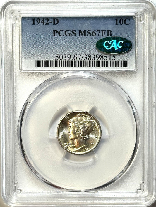 1942-D Mercury Dime - PCGS MS67FB CAC - Full Bands Gem BU Silver 10C Denver