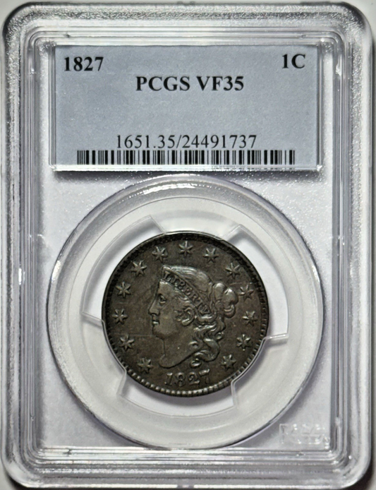 1827 Coronet (Matron) Head Large Cent – PCGS VF35 BN – Dark Brown Color