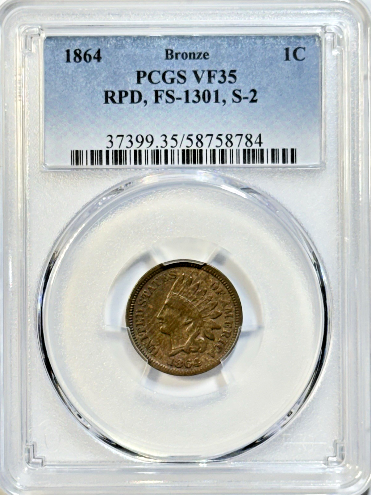 1864 Indian Head Cent FS-1301 RPD S-2 PCGS VF35 | Die Variety Error
