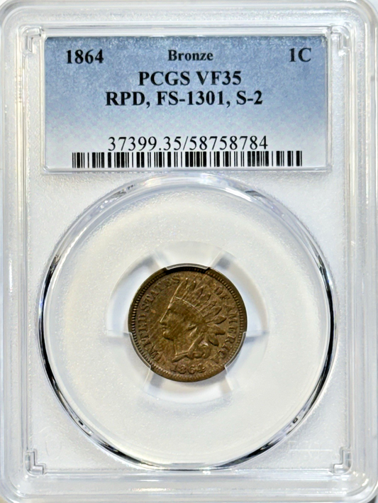 1864 Indian Head Cent FS-1301 RPD S-2 PCGS VF35 | Die Variety Error