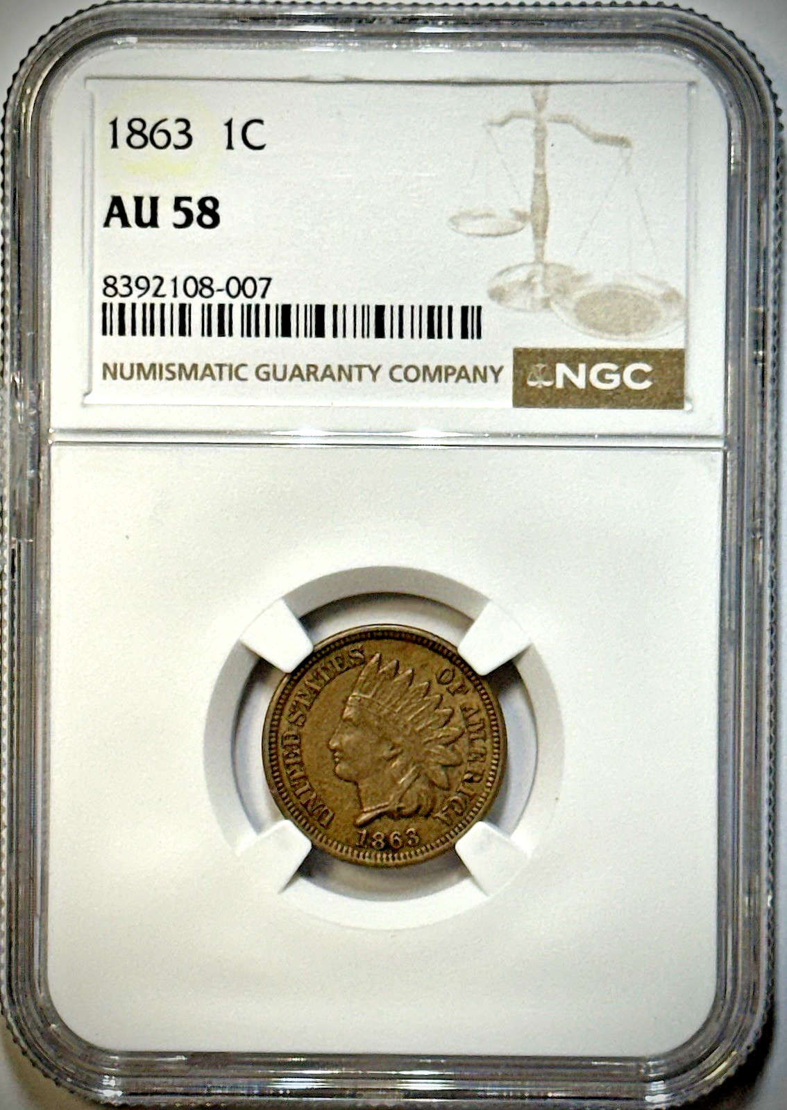 1863 Indian Head Cent 1C NGC AU58 | Civil War Era Bronze Penny | Sharp