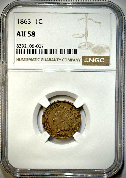 1863 Indian Head Cent 1C NGC AU58 | Civil War Era Bronze Penny | Sharp