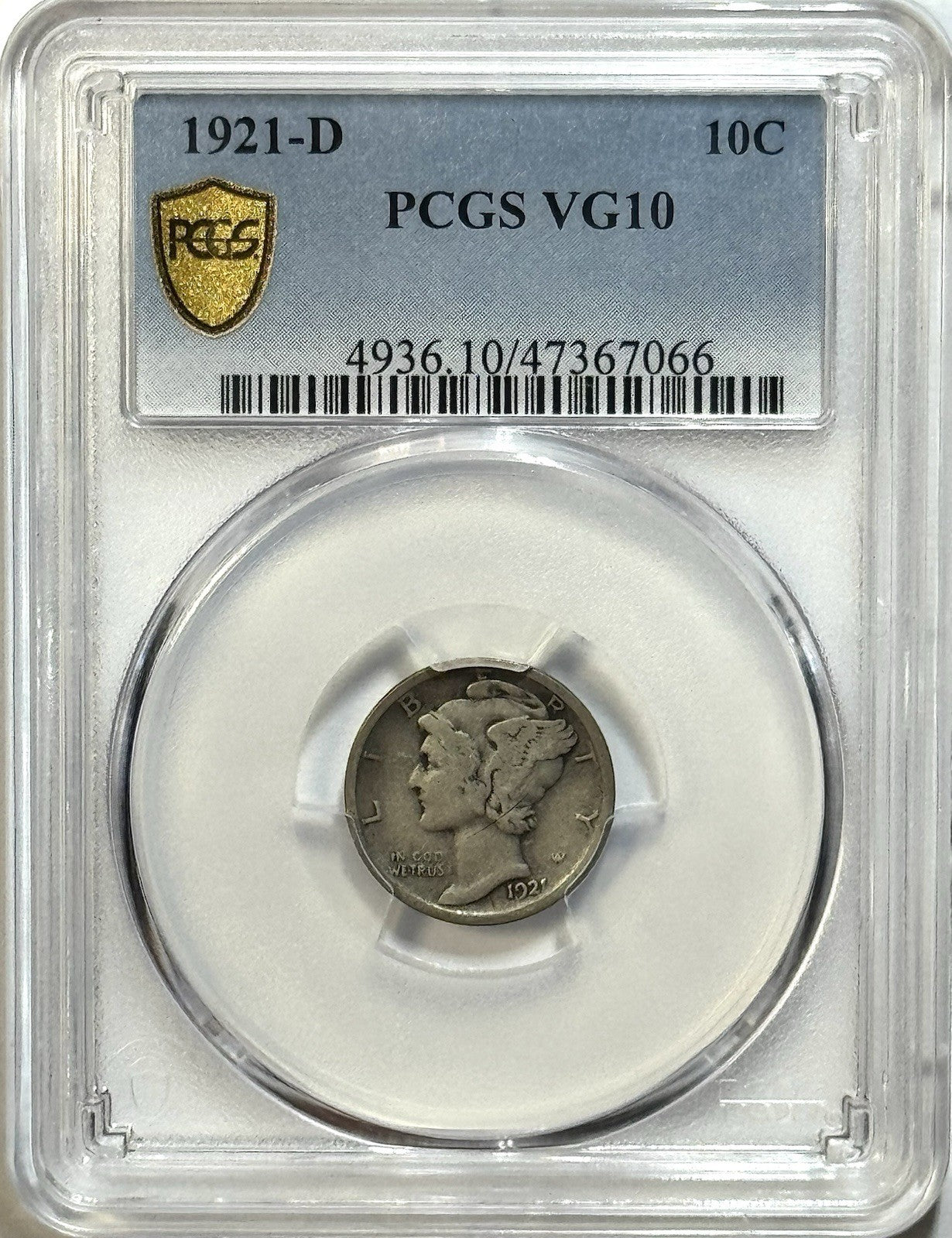 1921-D Mercury Dime - PCGS VG10 Gold Shield - Key Date Certified
