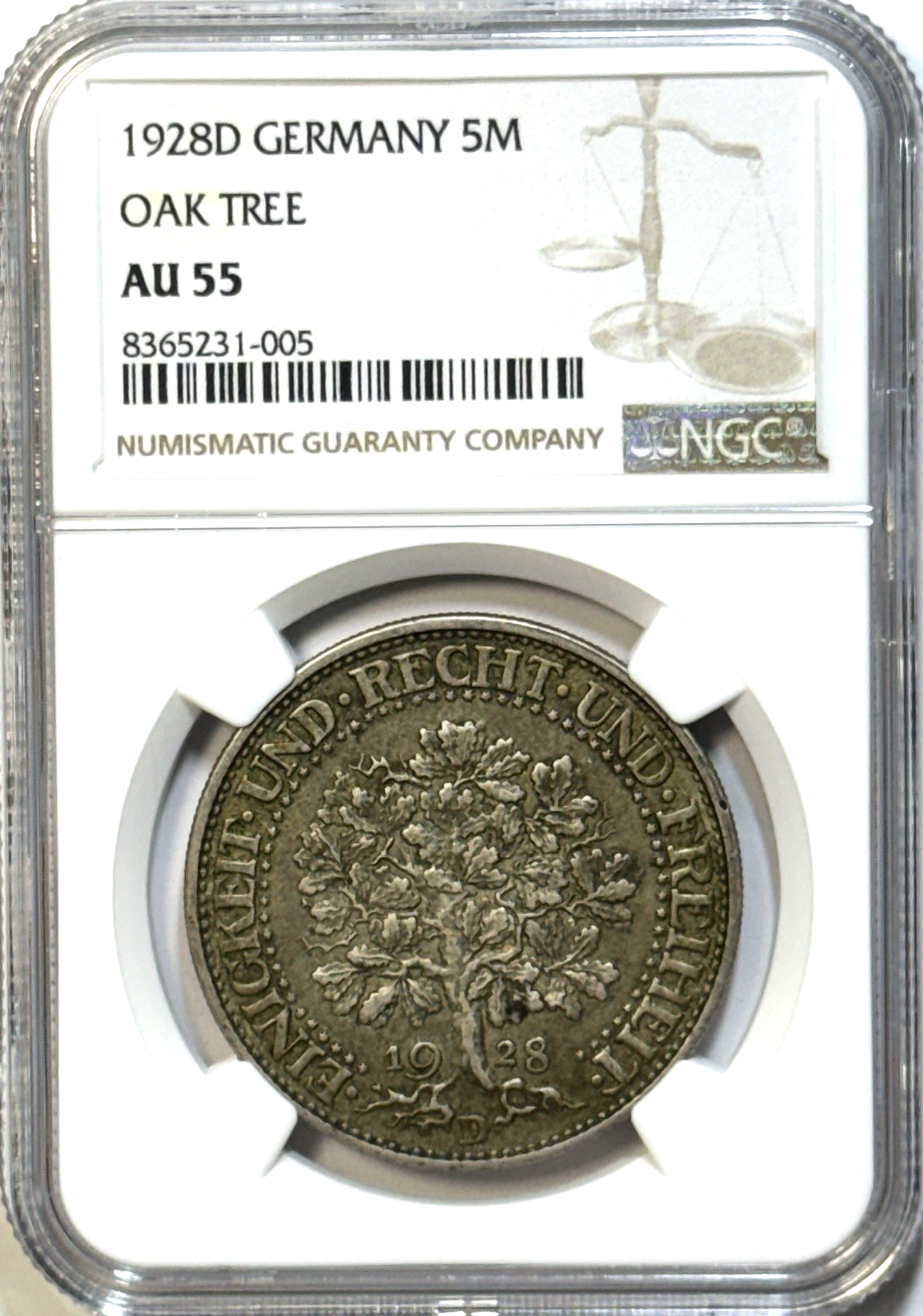 1928-D Germany 5 Mark “Oak Tree” - NGC AU55- Weimar Rep - Munich Toned Silver