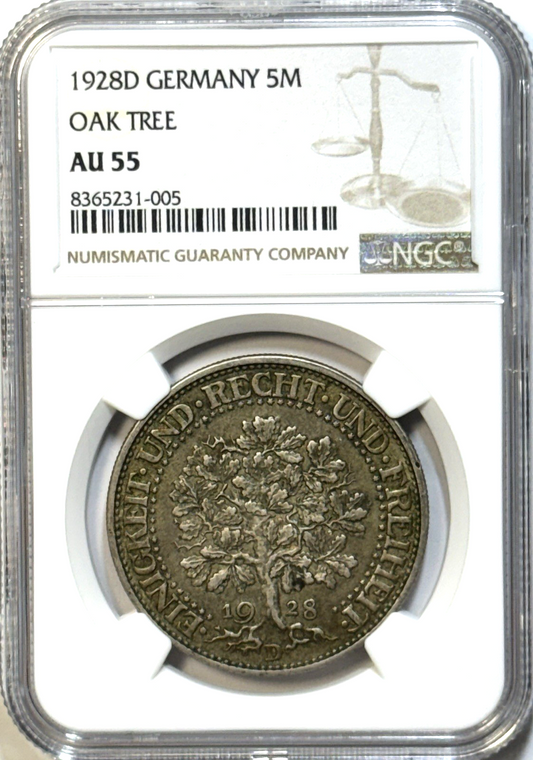 1928-D Germany 5 Mark “Oak Tree” - NGC AU55- Weimar Rep - Munich Toned Silver