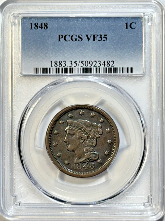 1848 Large Cent PCGS VF35 BN — CHOICE MID-GRADE EARLY COPPER