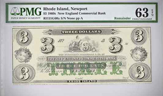 1860's Rhode Island, Newport, $3 Obsolete Bank Note - PMG 63 EPQ - Remainder