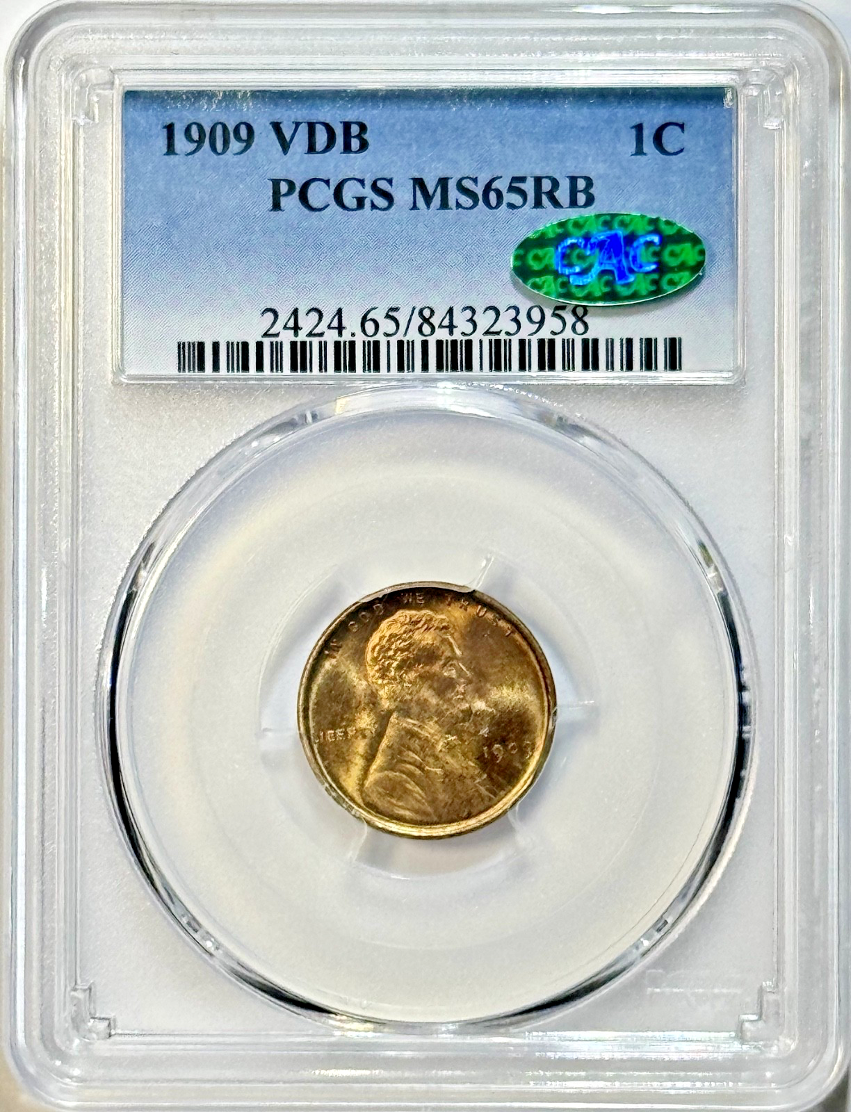 1909 VDB Lincoln Wheat Cent - PCGS MS65RB CAC - 1C First Year Issue Gem BU