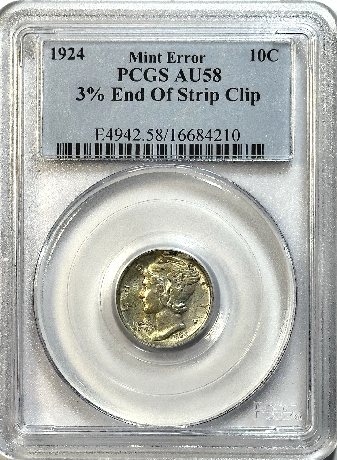 1924 Mercury Dime - PCGS AU58 - 3% End Of Strip Clip Mint Error 10C