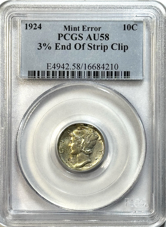 1924 Mercury Dime - PCGS AU58 - 3% End Of Strip Clip Mint Error 10C