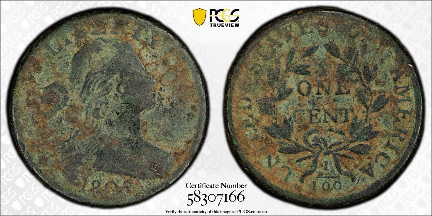 1805 Draped Bust Large Cent - PCGS Genuine VG Details Env Corrosion Gold Shield