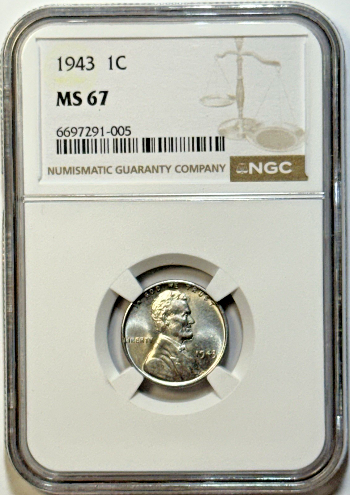 1943 Lincoln Wheat Steel Penny – NGC MS67 – Rare High‑Grade WWII “Steelie"!