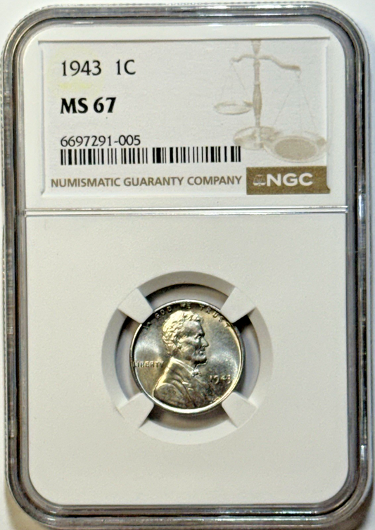 1943 Lincoln Wheat Steel Penny – NGC MS67 – Rare High‑Grade WWII “Steelie"!