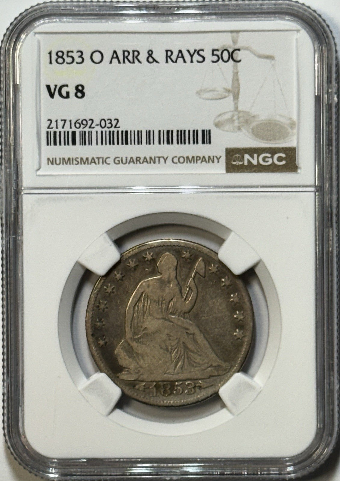 1853-O Seated Liberty Half Dollar 50C – Arrows & Rays – NGC VG8 – NEW ORLEANS