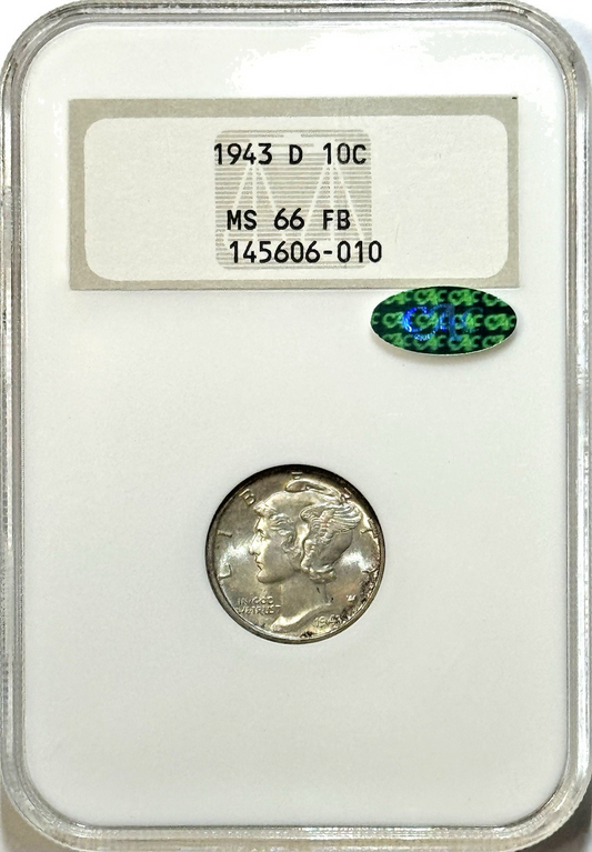943-D Mercury Dime - NGC MS66FB CAC - Old Fatty Holder Full Bands Silver 10C