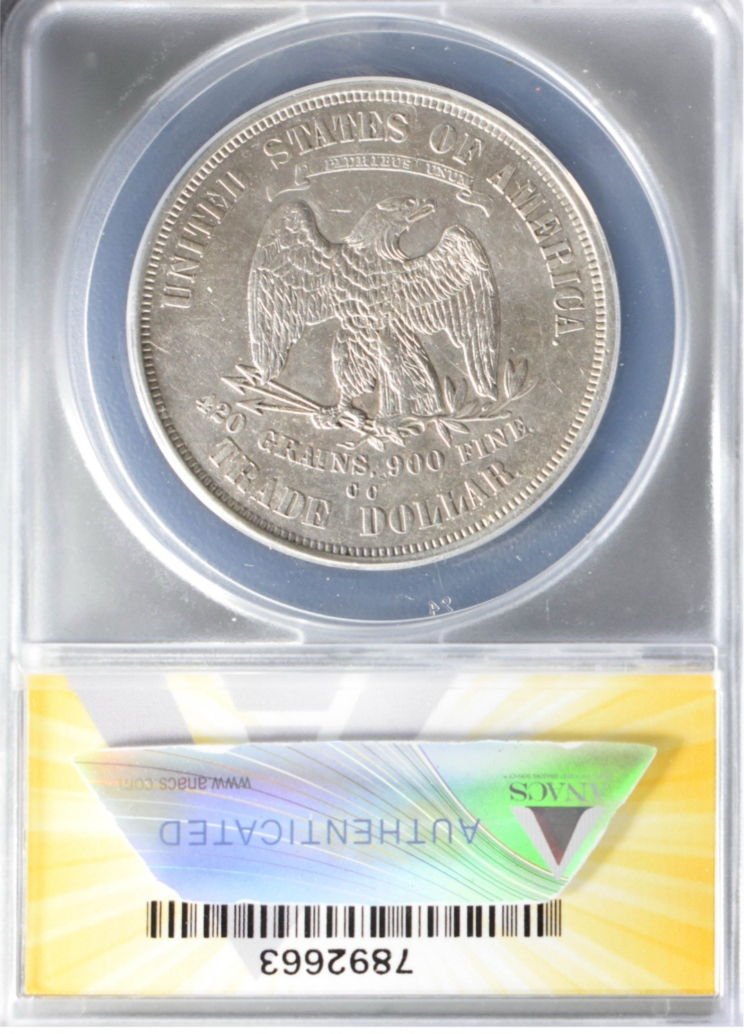 1875-CC U.S. Trade Dollar – ANACS AU53 DETAILS– Scarce Legendary CC Mint Issue