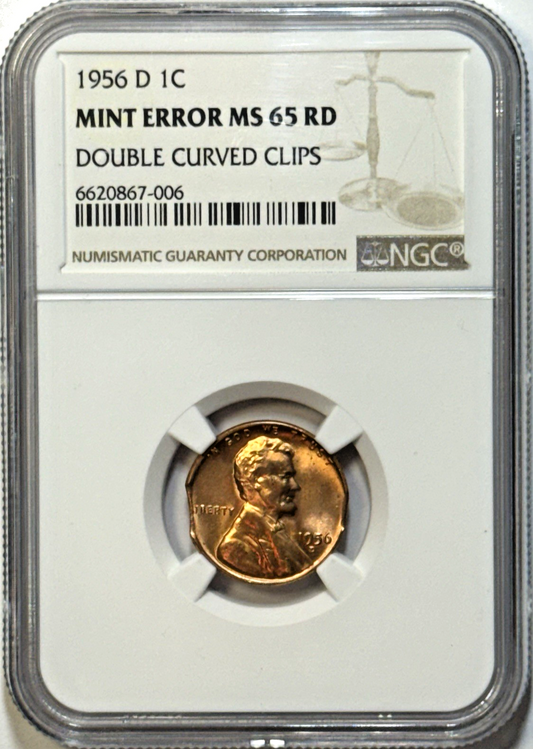 1956-D Lincoln Wheat Cent – Rare Mint Error “Double Curved Clips” – NGC MS 65 RD