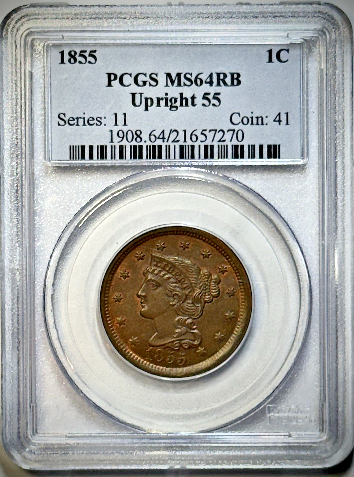 1855 Braided Hair Large Cent 1C – Upright 55 – PCGS MS64 RB – Choice Mint State