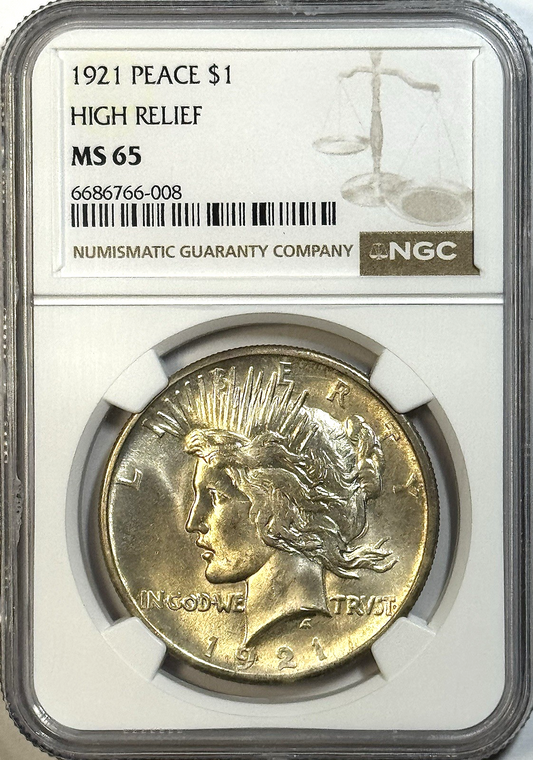 1921 Peace Dollar High Relief- NGC MS65- Light Golden Toning Key Date