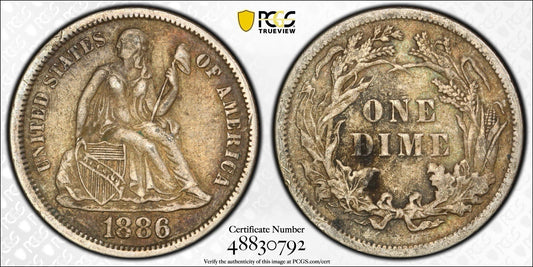 1886 Seated Liberty Dime 10C - PCGS XF40 - Gold Shield TrueView 90% Silver Coin