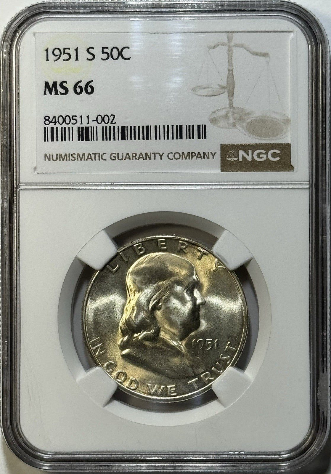 1951-S Franklin Half Dollar 50C – NGC MS66 – Light Golden Toning, Big Luster
